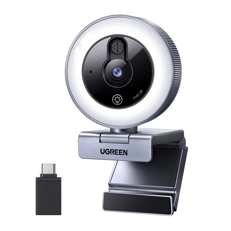 UGREEN 2K QHD veebikaamera LED-täitevalgusega ja sisseehitatud mikrofoniga, 30fps, USB 2.0, autofookus, 80° vaateväli, klipp- ja statiivikinnitusega, must