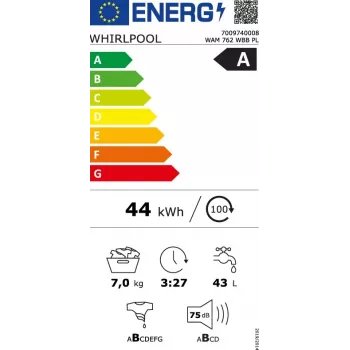 Whirlpool WAM762WBBPL 7 kg 1200 pööret/min pesumasin 6th Sense tehnoloogiaga, FreshCare+, Clean+, 14 programmi, LED-ekraan, lapselukk, ajastatud käivitus, energiaklass C, valge