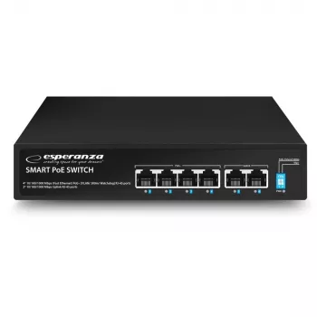 ESPERANZA 6-pordiline PoE+ Gigabit lüliti 65W GOLIATH (4 PoE+ porti, 2 üleslüli, 12 Gbps, ventilaatorita metall)