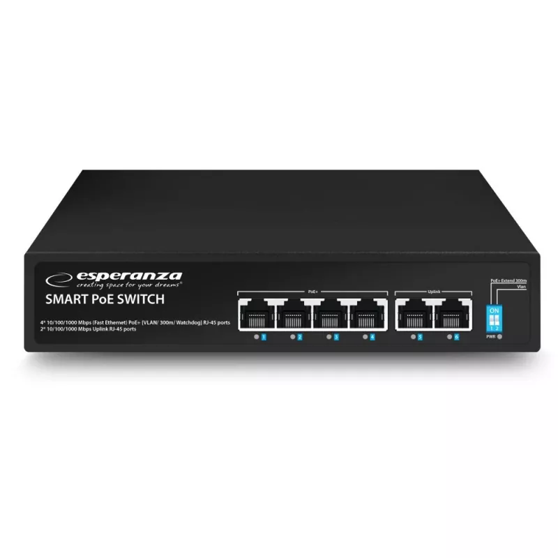ESPERANZA 6-pordiline PoE+ Gigabit lüliti 65W GOLIATH (4 PoE+ porti, 2 üleslüli, 12 Gbps, ventilaatorita metall)