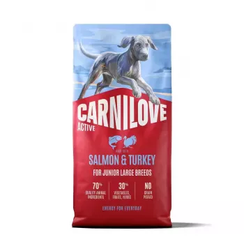 CARNILOVE ACTIVE koeratoidu kuivtoit lõhe ja kalkuniga noortele suurtele tõugudele 12 kg