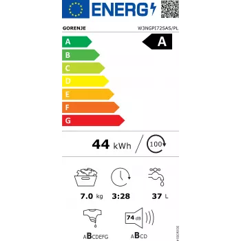 Gorenje W3NGPI72SAS/PL 7 kg 1200 pööret minutis vabaltseisev esilaadimisega pesumasin SteamTechi ja Inverter PowerDrive mootoriga