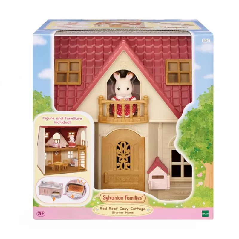 EPOCH Sylvanian Families algmaja - punase katusega seeria nukumaja koos Freya Chocolate Rabbit ja 10 mööbliesemega