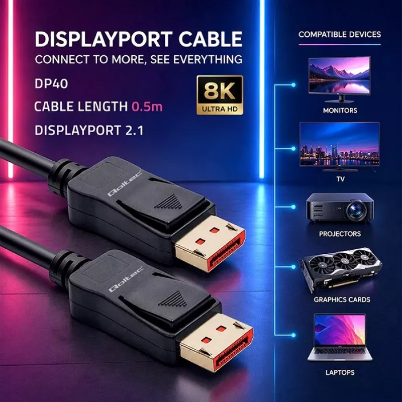 QOLTEC DisplayPort-kaabel M/M V2.1 40G 0.5m
