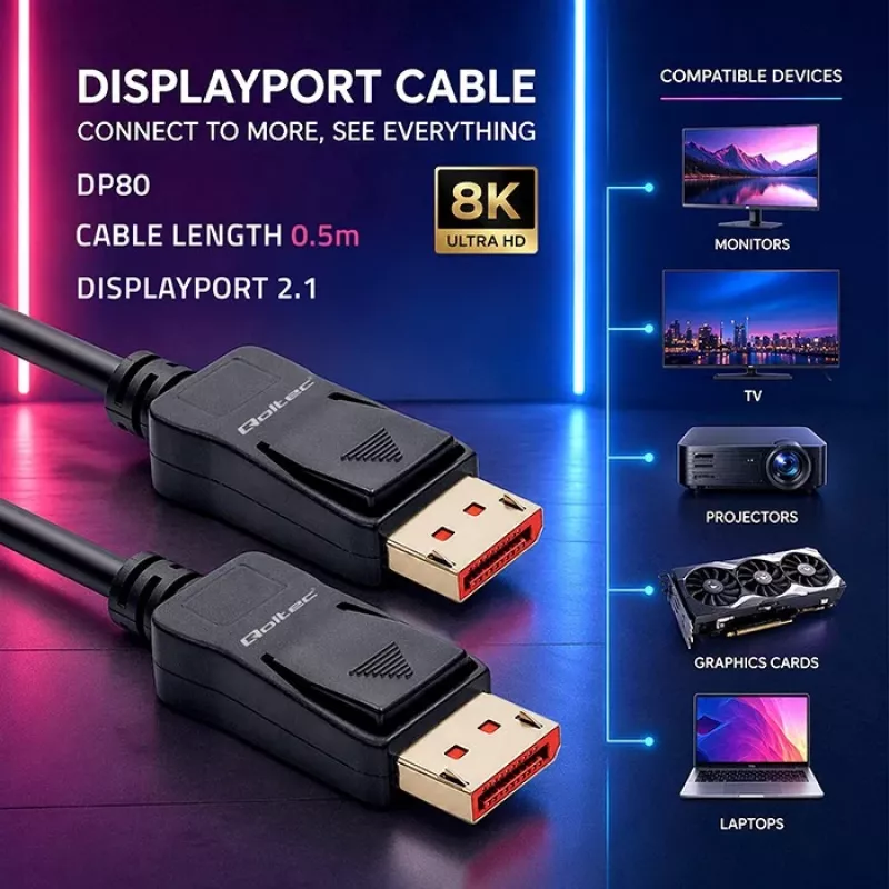 QOLTEC DisplayPort-kaabel M/M v2.1 54G 0,5m
