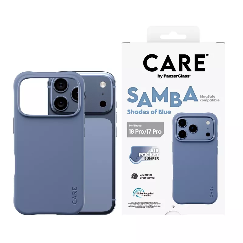 CARE by PanzerGlass Samba Case iPhone 17 Pro / 18 Pro jaoks – sinistes toonides, MagSafe, taaskasutatud TPU, antimikroobne, 3,6 m kukkumiskaitse