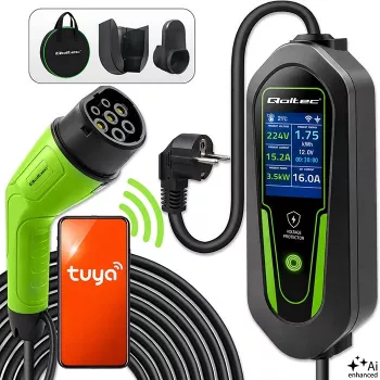 Qoltec Kaasaskantav EV-laadija Type 2 to Schuko 3.5kW 16A 5m kaabel Wi-Fi ja LCD-ga