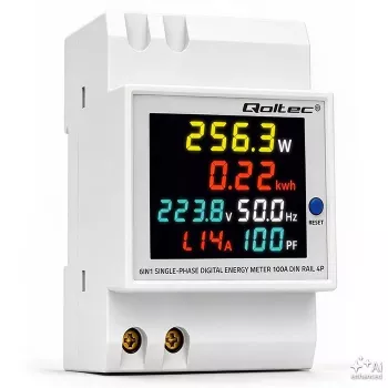 Qoltec ühefaasiline 6-in-1 DIN-liistule paigaldatav energiamõõtur 100A CT-ga, 230V, LCD, impulssväljund