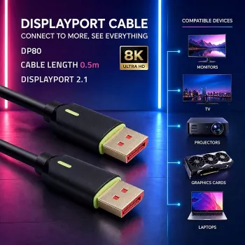 QOLTEC DisplayPort-kaabel M/M v2.1 80G 0,5m