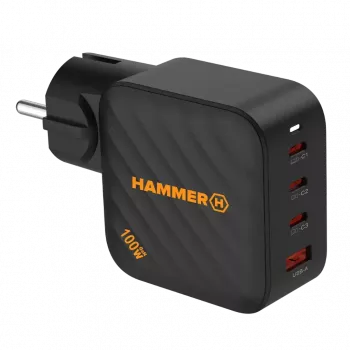 HAMMER RapidCharge 100W GaN seinadapter, 2x USB-C PD 100W + 1x USB-A QC 30W, must