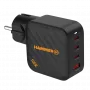 HAMMER RapidCharge 100W GaN seinadapter, 2x USB-C PD 100W + 1x USB-A QC 30W, must