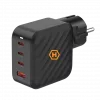 HAMMER RapidCharge 100W GaN seinadapter, 2x USB-C PD 100W + 1x USB-A QC 30W, must