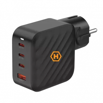 HAMMER RapidCharge 100W GaN seinadapter, 2x USB-C PD 100W + 1x USB-A QC 30W, must