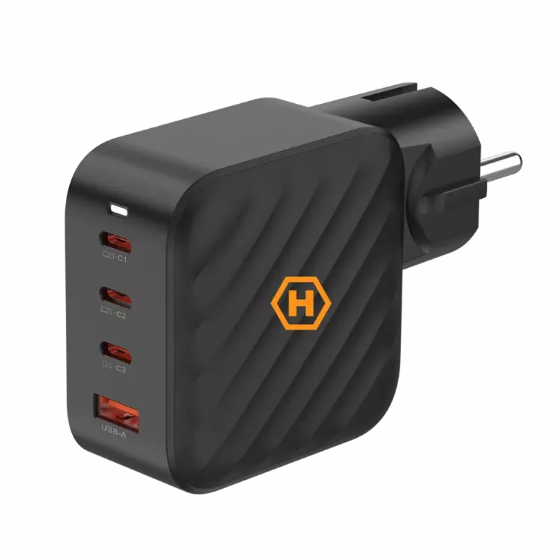 HAMMER RapidCharge 100W GaN seinadapter, 2x USB-C PD 100W + 1x USB-A QC 30W, must
