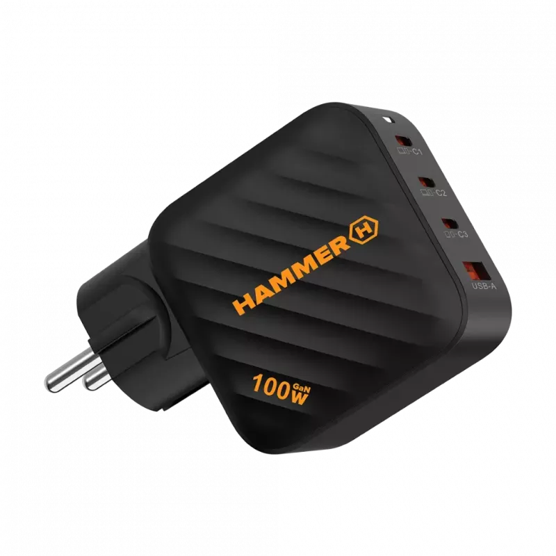 HAMMER RapidCharge 100W GaN seinadapter, 2x USB-C PD 100W + 1x USB-A QC 30W, must