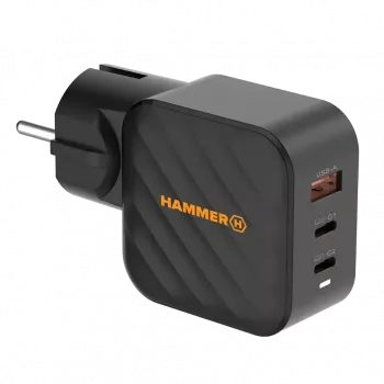 HAMMER RapidCharge 65W GaN seinilaadija - 2x USB-C PD, 1x USB-A QC, must