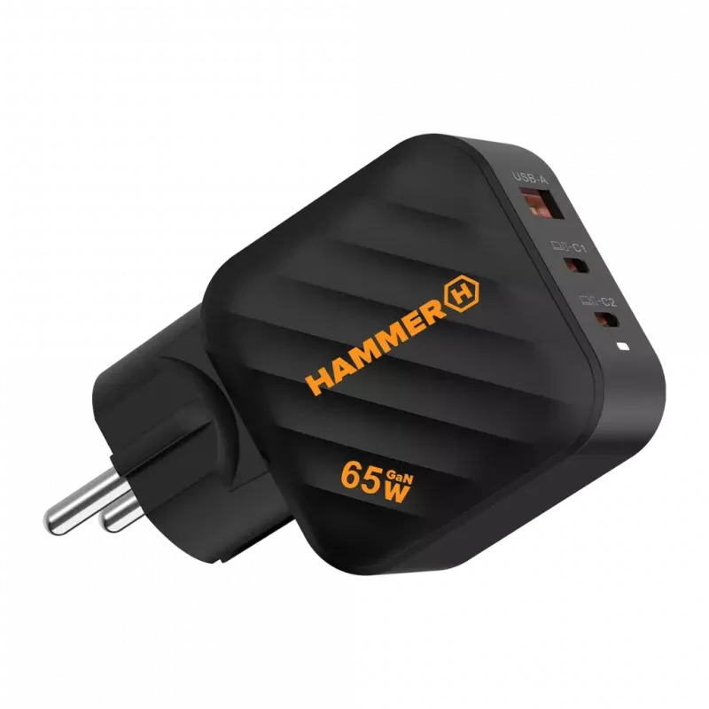 HAMMER RapidCharge 65W GaN seinilaadija - 2x USB-C PD, 1x USB-A QC, must