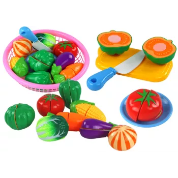 LEAN TOYS Velcro köögiviljad korvis – 8-osaline mängutoidukomplekt taldriku ja noaga