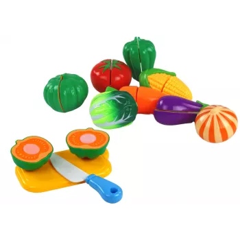 LEAN TOYS Velcro köögiviljad korvis – 8-osaline mängutoidukomplekt taldriku ja noaga
