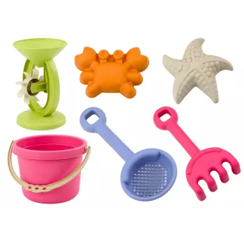 LEAN TOYS Liivamängukomplekt - ämber, veski, sõel, 3 pastellvärvi vormi (6 osa)