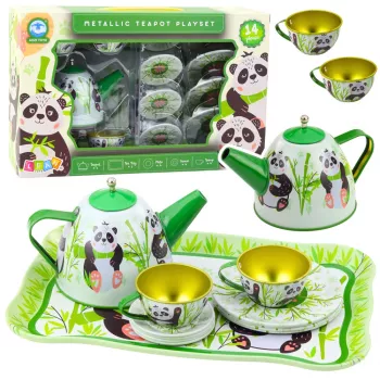 LEAN TOYS Panda Green Metal Teekomplekt 14-osaline | Laste plekk-teekann, tassid, alustassid, taldrikud ja kandik | Rollimängu köögimänguasi vanusele 3+