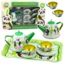 LEAN TOYS Panda Green Metal Teekomplekt 14-osaline | Laste plekk-teekann, tassid, alustassid, taldrikud ja kandik | Rollimängu köögimänguasi vanusele 3+