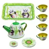 LEAN TOYS Panda Green Metal Teekomplekt 14-osaline | Laste plekk-teekann, tassid, alustassid, taldrikud ja kandik | Rollimängu köögimänguasi vanusele 3+