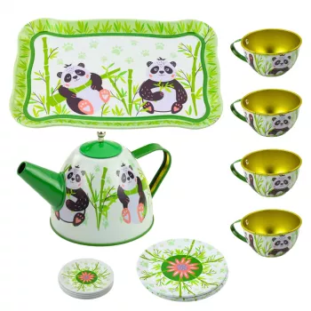 LEAN TOYS Panda Green Metal Teekomplekt 14-osaline | Laste plekk-teekann, tassid, alustassid, taldrikud ja kandik | Rollimängu köögimänguasi vanusele 3+