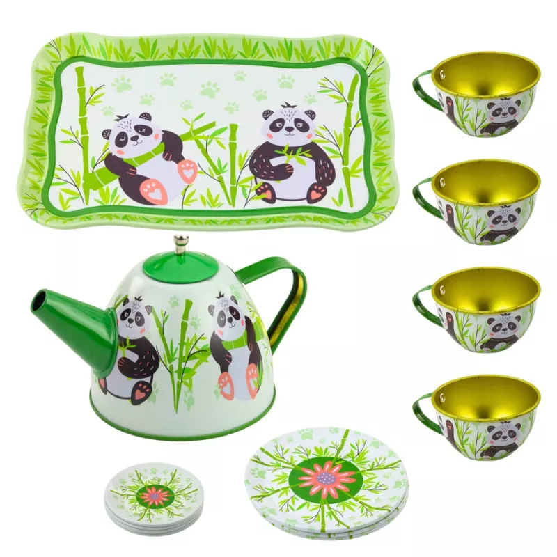 LEAN TOYS Panda Green Metal Teekomplekt 14-osaline | Laste plekk-teekann, tassid, alustassid, taldrikud ja kandik | Rollimängu köögimänguasi vanusele 3+