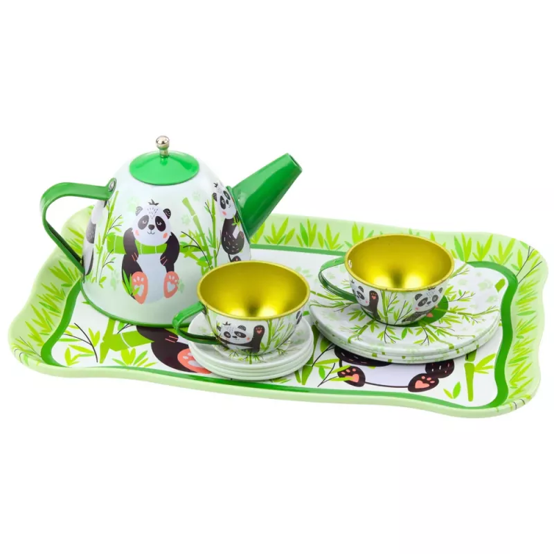 LEAN TOYS Panda Green Metal Teekomplekt 14-osaline | Laste plekk-teekann, tassid, alustassid, taldrikud ja kandik | Rollimängu köögimänguasi vanusele 3+