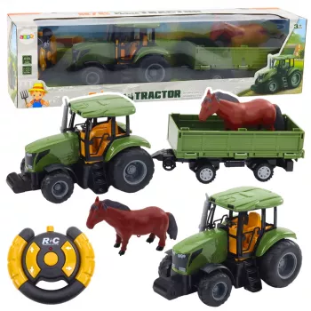 LEAN TOYS RC Kaugjuhitav traktor haagise ja hobusekomplektiga - 2.4GHz, laetav, roheline/punane, vanus 3+