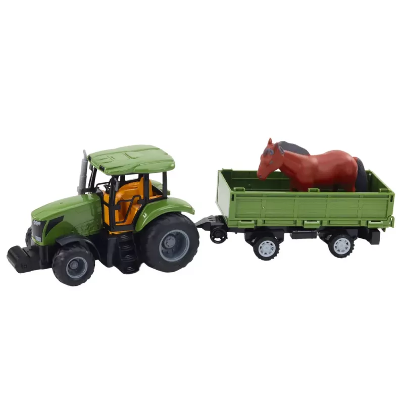 LEAN TOYS RC Kaugjuhitav traktor haagise ja hobusekomplektiga - 2.4GHz, laetav, roheline/punane, vanus 3+