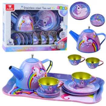 LEAN TOYS laste metallist teekomplekt tasside, teekannu ja alusega - Ükssarvik