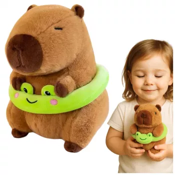 LEAN TOYS Plüšš Kapibaara rohelise päästerõnga ja konnaga, pruun, 20 cm