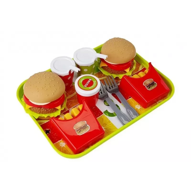 LEAN TOYS Hamburgeri ja friikartulite komplekt koos kandikuga | Kiirtoidu rollimängu mänguasi