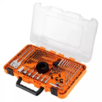NEO TOOLS 90-osaline puuritera ja kruvikeeraja otsikute komplekt koos pesade ja augusaagidega