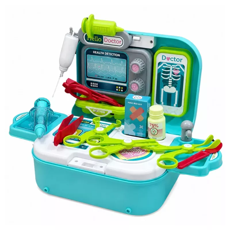 LEAN TOYS 2-in-1 meditsiinikomplekt kohvris, kaasaskantav arstikabinet, tarvikud, sinine
