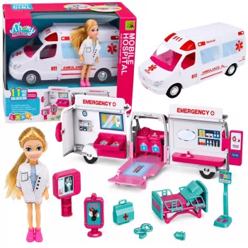 LEAN TOYS Kokkupandav kiirabi nukkude haigla jaoks, mini nuku tarvikud 11 tk