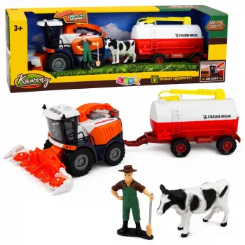 LEAN TOYS Combine Harvester koos piimapaagiga, talunik ja lehma kujukesed, tuled ja helid, 4-osaline talumängukomplekt