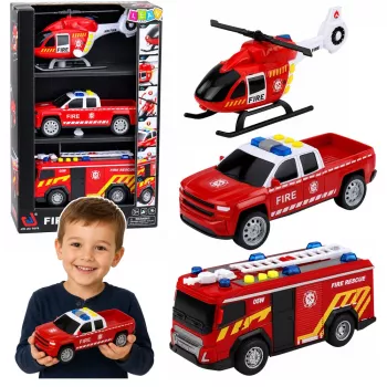 LEAN TOYS Tuletõrje sõidukite komplekt: helikopter ja auto, tuled ja helid 1:32