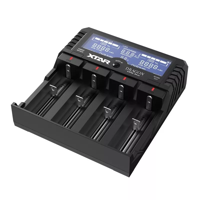 XTAR VP4L Plus 4 pesaga Li-ion/Ni-MH akulaadija LCD-ekraaniga, 2A kiirlaadimine, power banki funktsioon