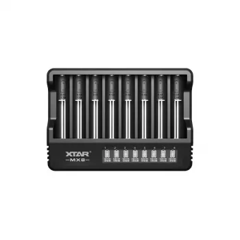 XTAR MX8 8-pesaline USB-C universaalne akulaadija Li-ion/Ni-MH, 0.25A-2A, LED-indikaatorid, 0V aktiveerimine