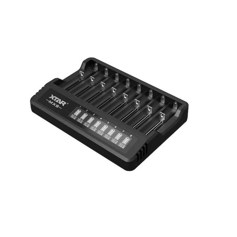 XTAR MX8 8-pesaline USB-C universaalne akulaadija Li-ion/Ni-MH, 0.25A-2A, LED-indikaatorid, 0V aktiveerimine