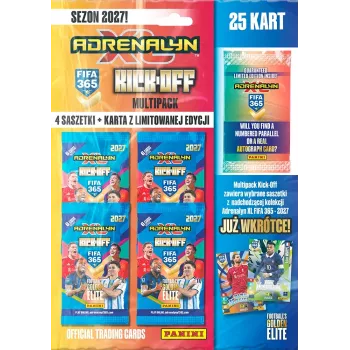 Panini FIFA 365 2027 Adrenalyn XL kogumiskaartide multipakk Kick off – 6 boosterpakki + 2 piiratud tiraažiga kaarti