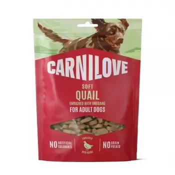 CARNILOVE Dog SOFT Snack Quail rikastatud puneega 200 g - Teraviljavabad pehmed maiused täiskasvanud koertele