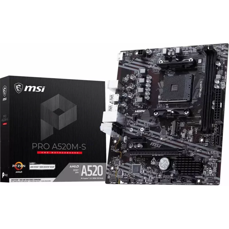 MSI A520M-S AMD A520 AM4 Micro-ATX emaplaat - DDR4, HDMI, DVI, VGA, Gigabit LAN