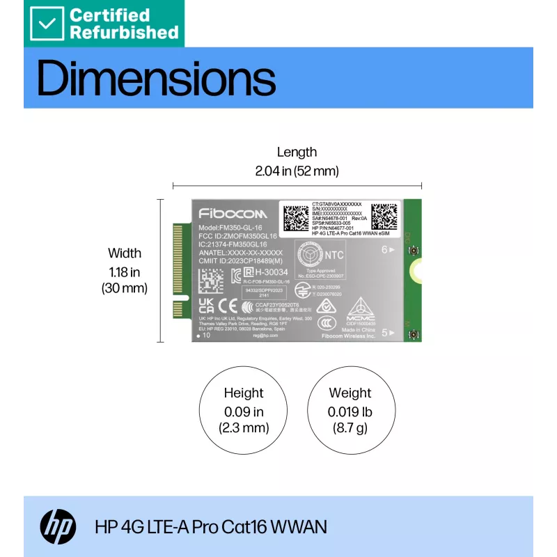 RENEW GOLD HP 4G LTE Modem m.2 WWAN Cat 16 L860-GL-16 Mobile Broadband Cellular (ühilduv WWAN-valmis EliteBook 630 640 645 660 830 840 860 1040 G11, x360 G11, ProBook 440 460 465 G11, ZBook Firefly Fury Power 14 16 G11 G11A)