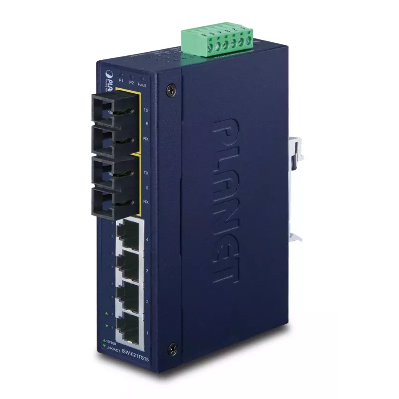 PLANET ISW-621TS15 Industrial Unmanaged L2 Fast Ethernet Switch with 4x 10/100 + 2x 100Base-FX SC Multi-mode, DIN-Rail/Wall-Mount, -40 to 75°C