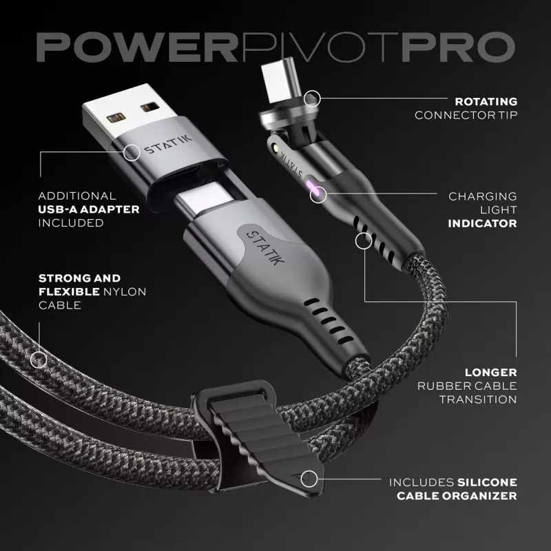 STATIK PowerPivot Pro Nylon Braided USB-C to USB-C kaabel 3m Must