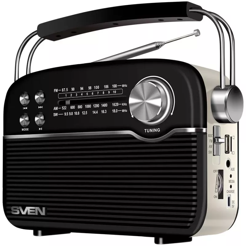Kõlar SVEN SRP-500, must (3W, Bluetooth, FM/AM/SW, USB, microSD, AUX, aku)